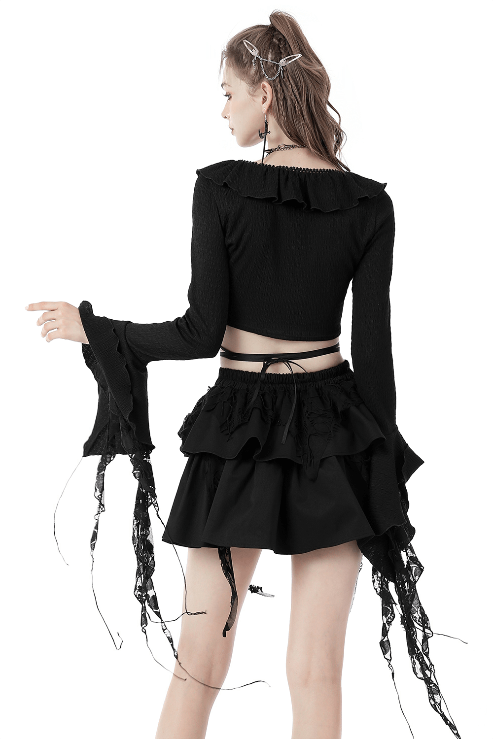 Dark Gothic Ruffle Neck Crop Top with Ripped Sleeves