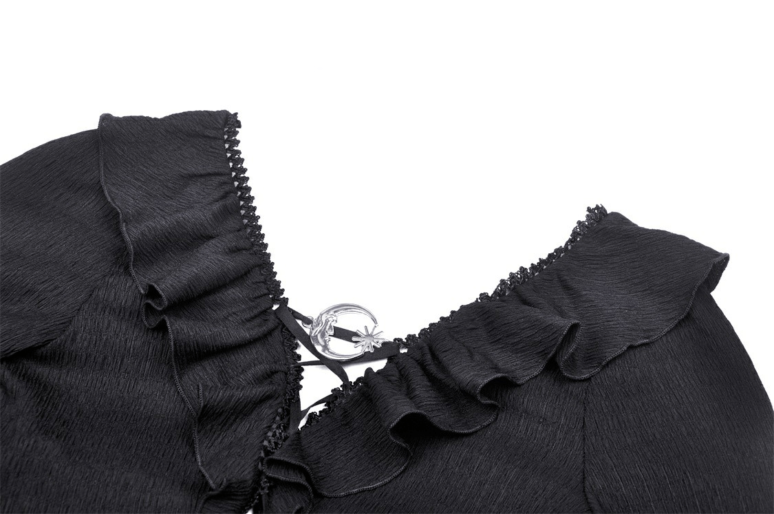 Close-up of dark gothic crop top with ruffle neck and stylish detail, perfect for edgy fashion lovers.