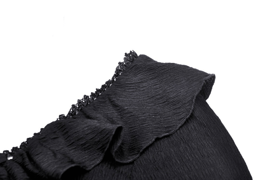 Close-up of the dramatic ruffle neck of a black gothic crop top, showcasing its edgy and stylish details.