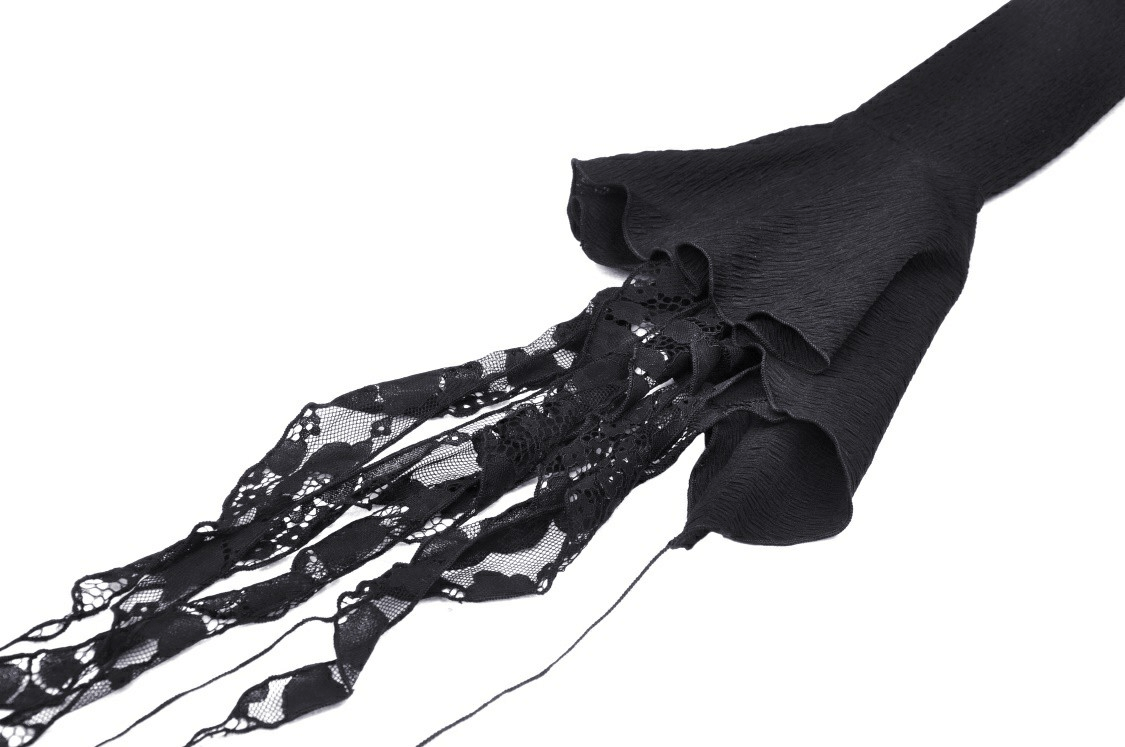 Close-up of black ruffled sleeve with lace details, perfect for a gothic crop top or edgy fashion attire.