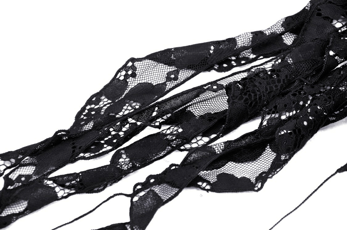 Black lace fabric with intricate floral patterns, perfect for gothic outfits and accessories.