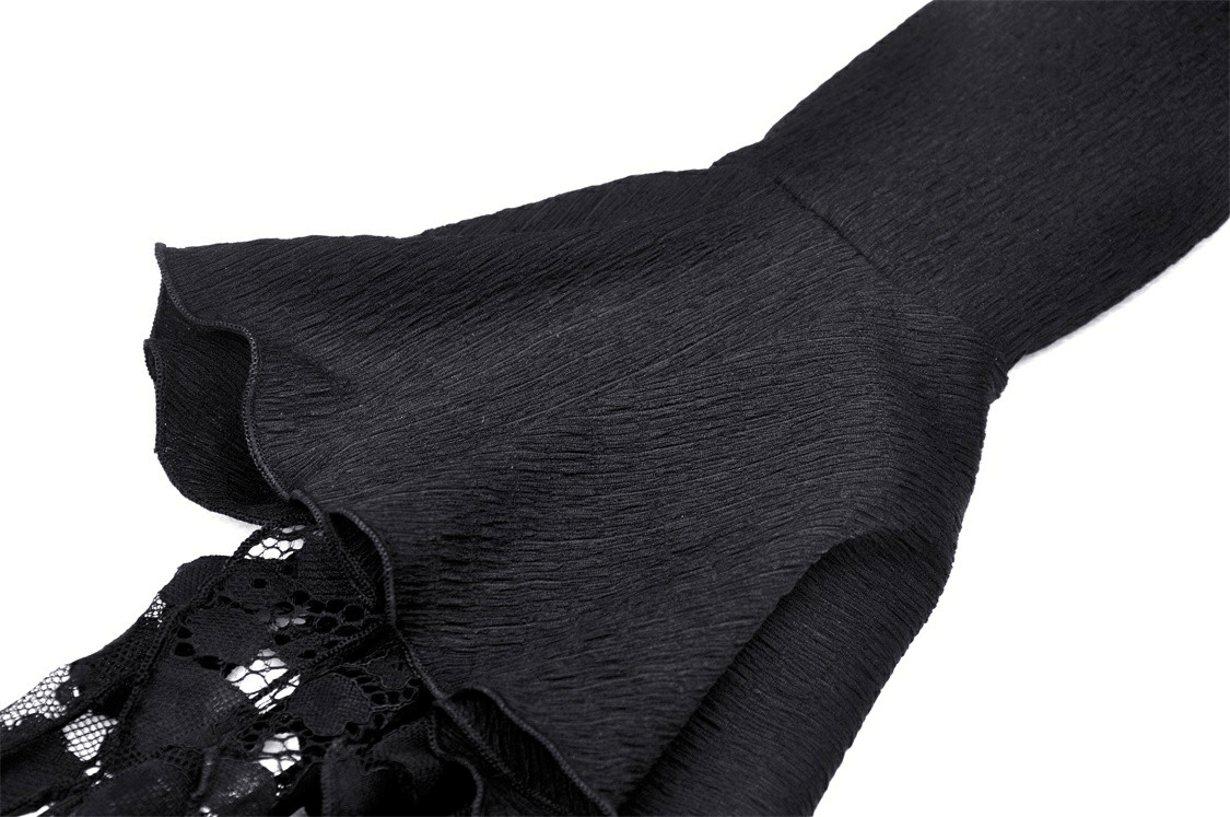 Close-up of black gothic sleeve with ruffle design and lace detail, perfect for an edgy outfit.
