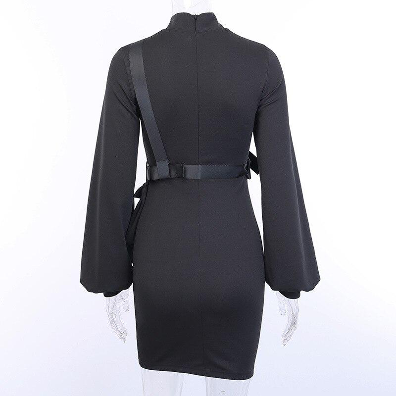 Gothic long lantern sleeve dress in dark style with shoulder belt, perfect for fall and winter wear.