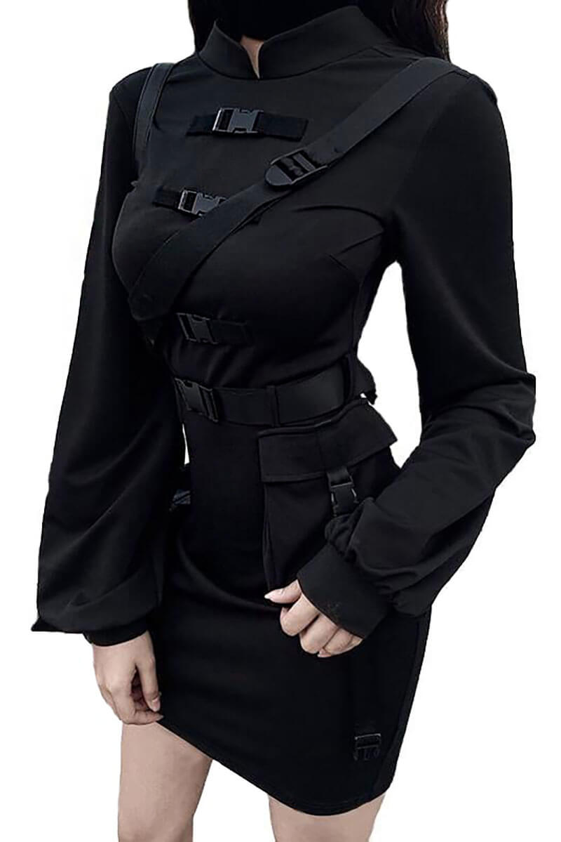 Dark Gothic Style Long Lantern Sleeve Dress with Turtleneck, Shoulder Belt, and Pocket – Perfect for Fall or Winter Wear