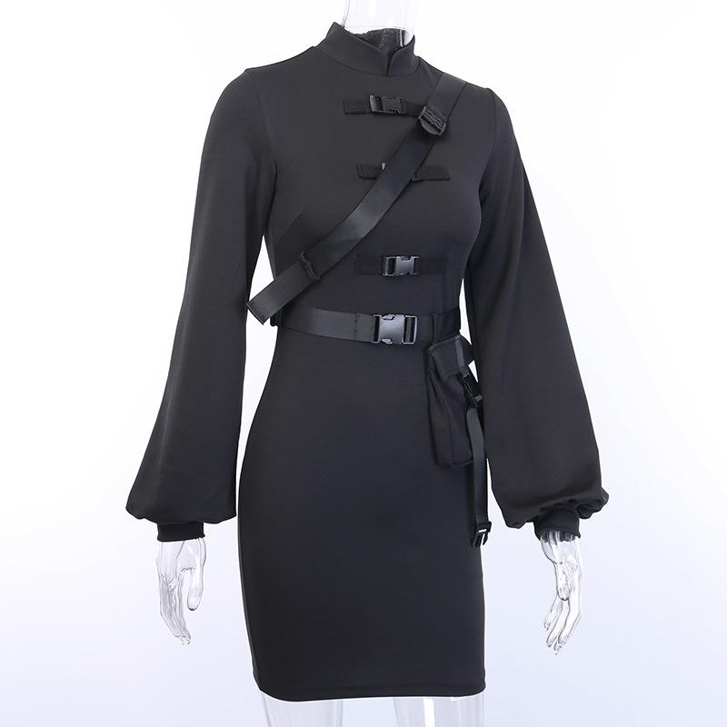 Gothic style black long lantern sleeve dress with turtleneck and removable shoulder belt, perfect for fall and winter wear.