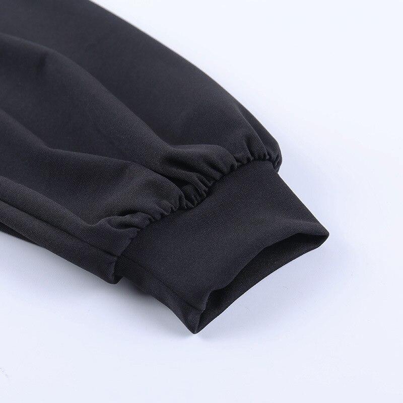 Close-up of dark gothic style lantern sleeve detail on a black dress, showcasing the fabric and elastic cuff.