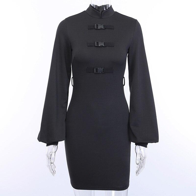 Dark Gothic style long lantern sleeve dress with turtleneck, waist pocket, and removable shoulder belt, perfect for fall or winter.