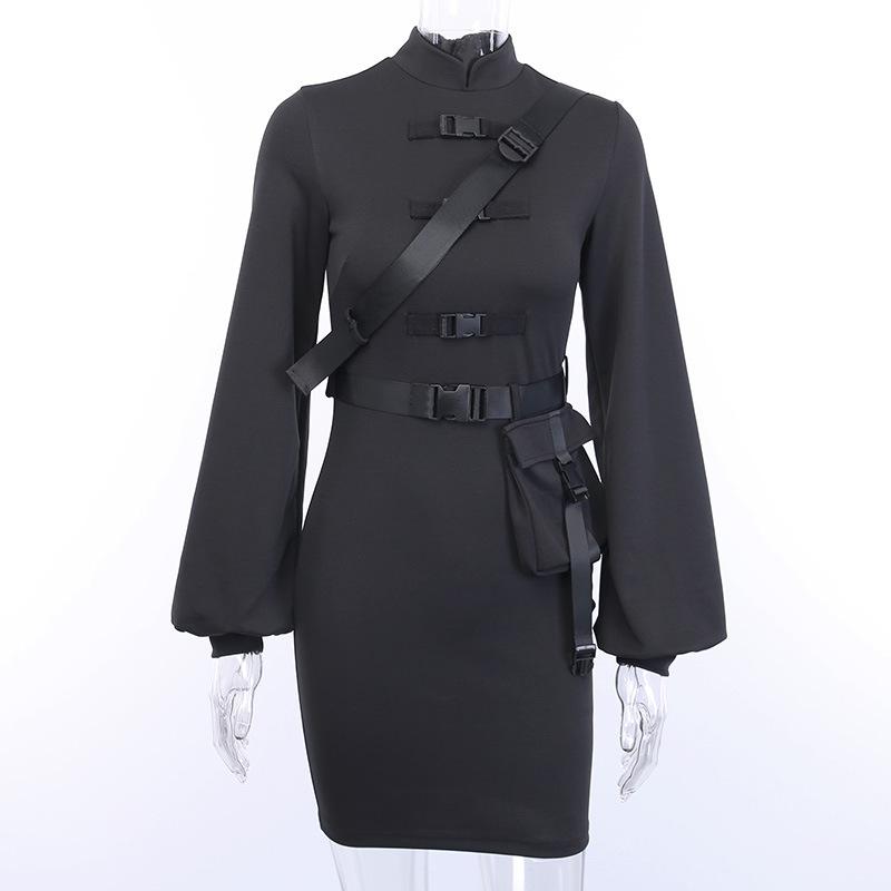 Dark gothic style long lantern sleeve dress with turtleneck and shoulder belt, perfect for fall or winter.