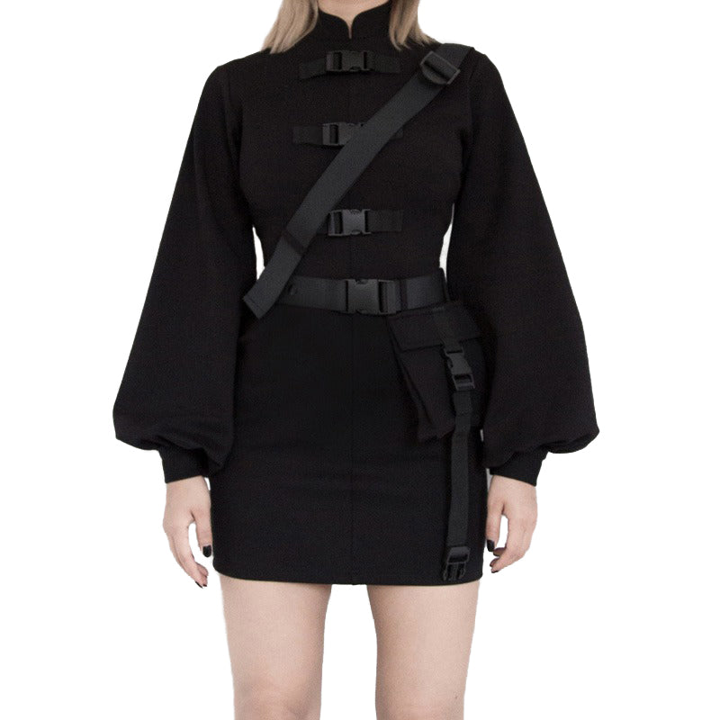 Dark gothic long sleeve dress with turtleneck and removable shoulder belt, perfect for fall or winter everyday wear.