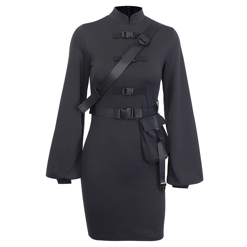 Dark Gothic long sleeve dress with turtleneck, waist pocket, and removable shoulder belt, perfect for fall or winter.