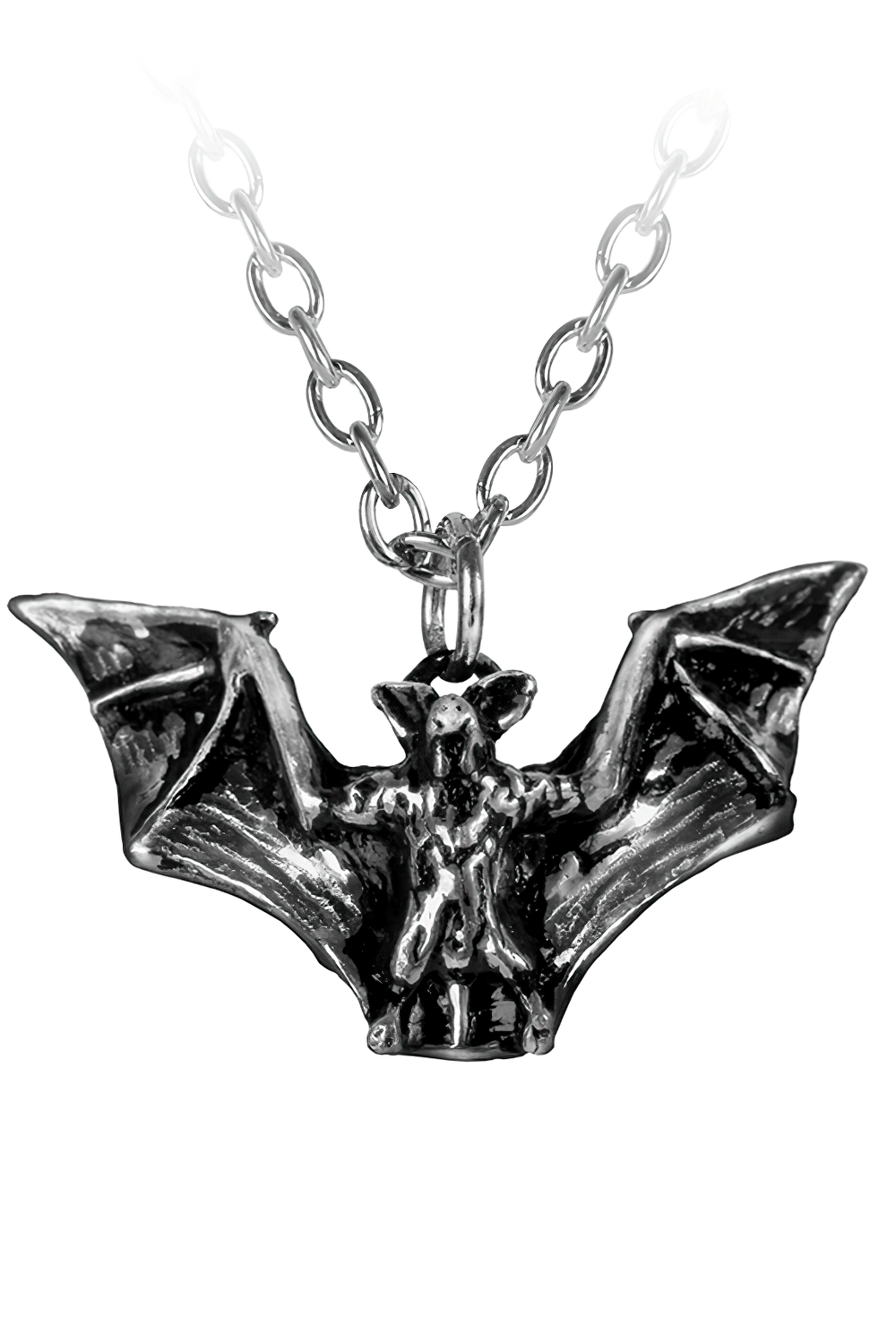 Dark gothic pewter bat pendant in flight, perfect for adding an eerie touch to any gothic jewelry collection.