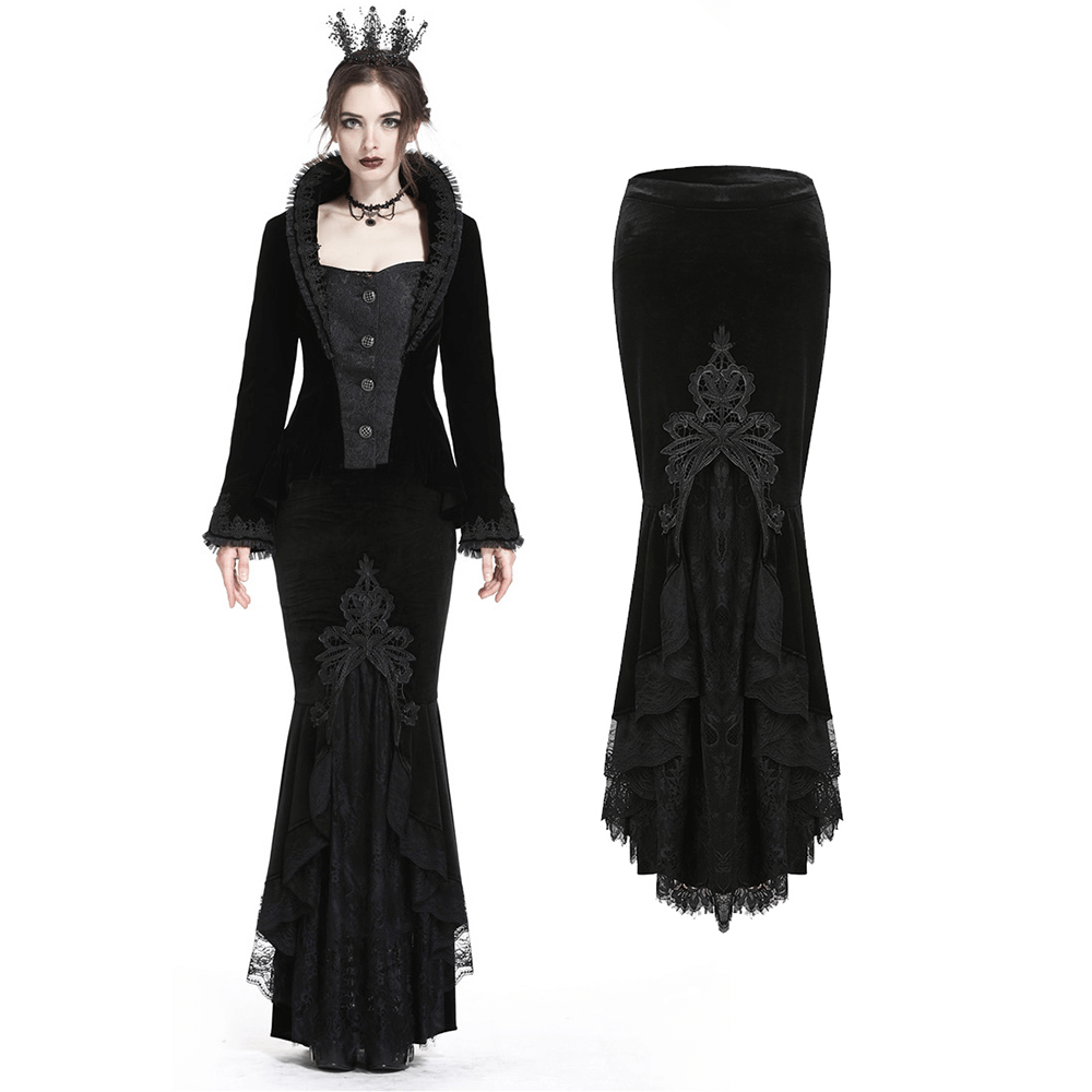 Dark Gothic velvet fishtail skirt with lace hem, perfect for Victorian-style outfits and gothic fashion.