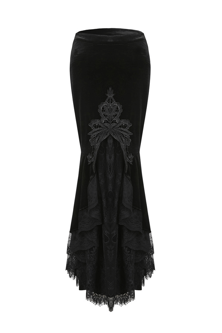 Dark gothic velvet fishtail skirt with lace hem, perfect for a Victorian-inspired outfit or a night out.