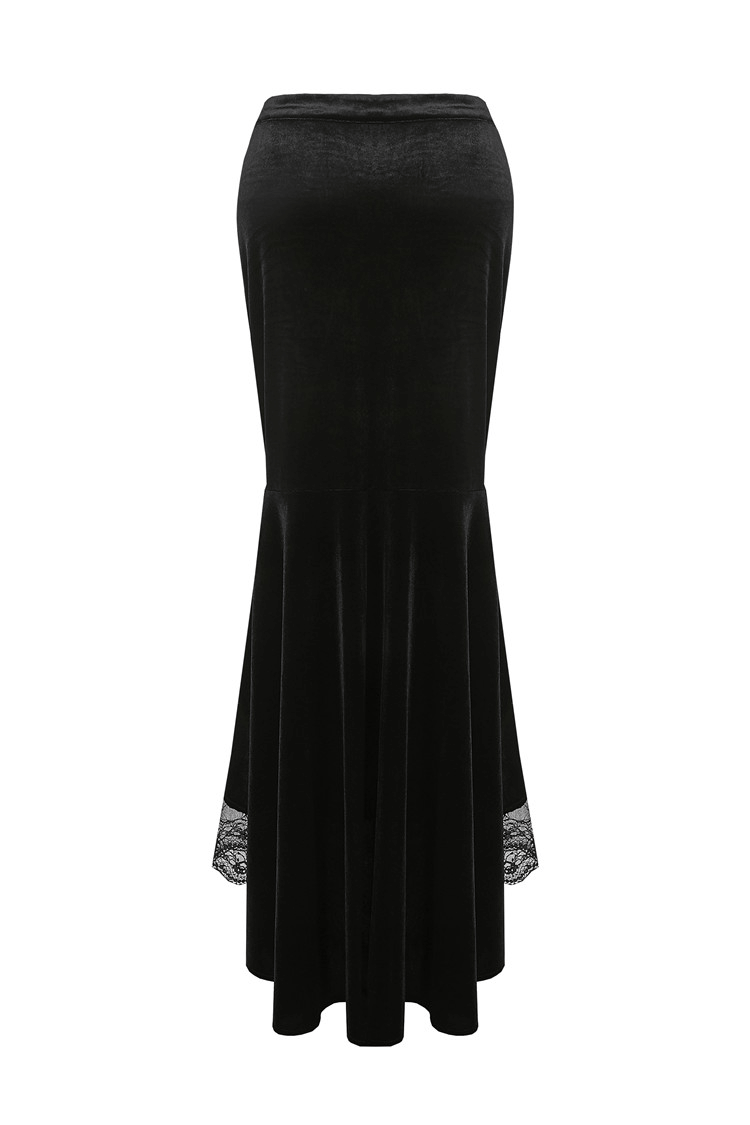 Dark gothic velvet fishtail skirt with lace hem, perfect for a Victorian-inspired look or gothic events.