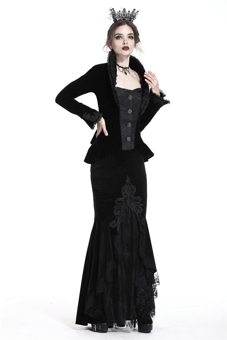 Dark Gothic velvet fishtail skirt with lace hem paired with a stylish black top, perfect for a Victorian-inspired look.