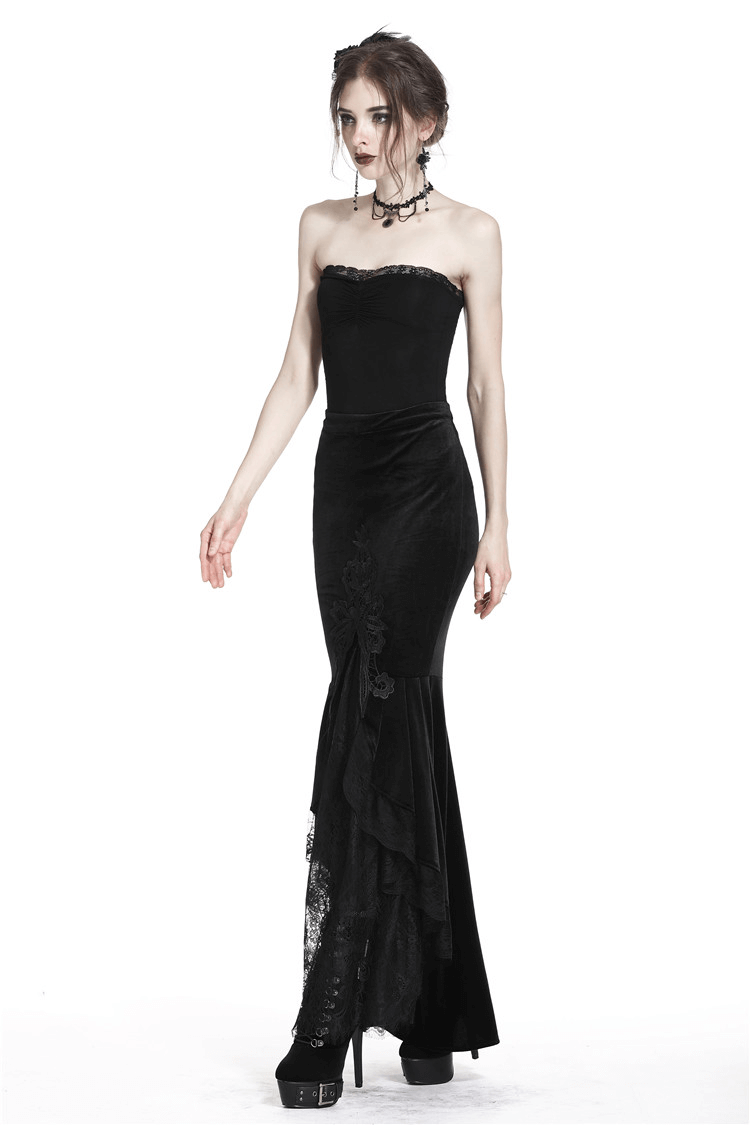 Dark gothic velvet fishtail skirt with lace hem, perfect for Victorian-inspired outfits and gothic events.