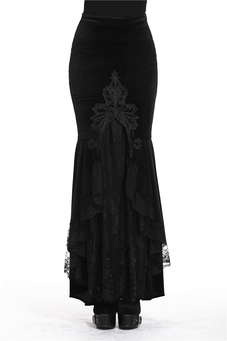 Dark Gothic Velvet Fishtail Skirt with lace hem, perfect for a Victorian-inspired look and goth style.