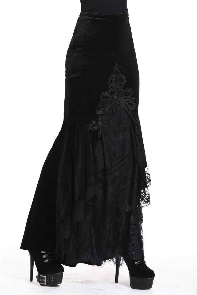 Dark Gothic Velvet Fishtail Skirt with Lace Hem