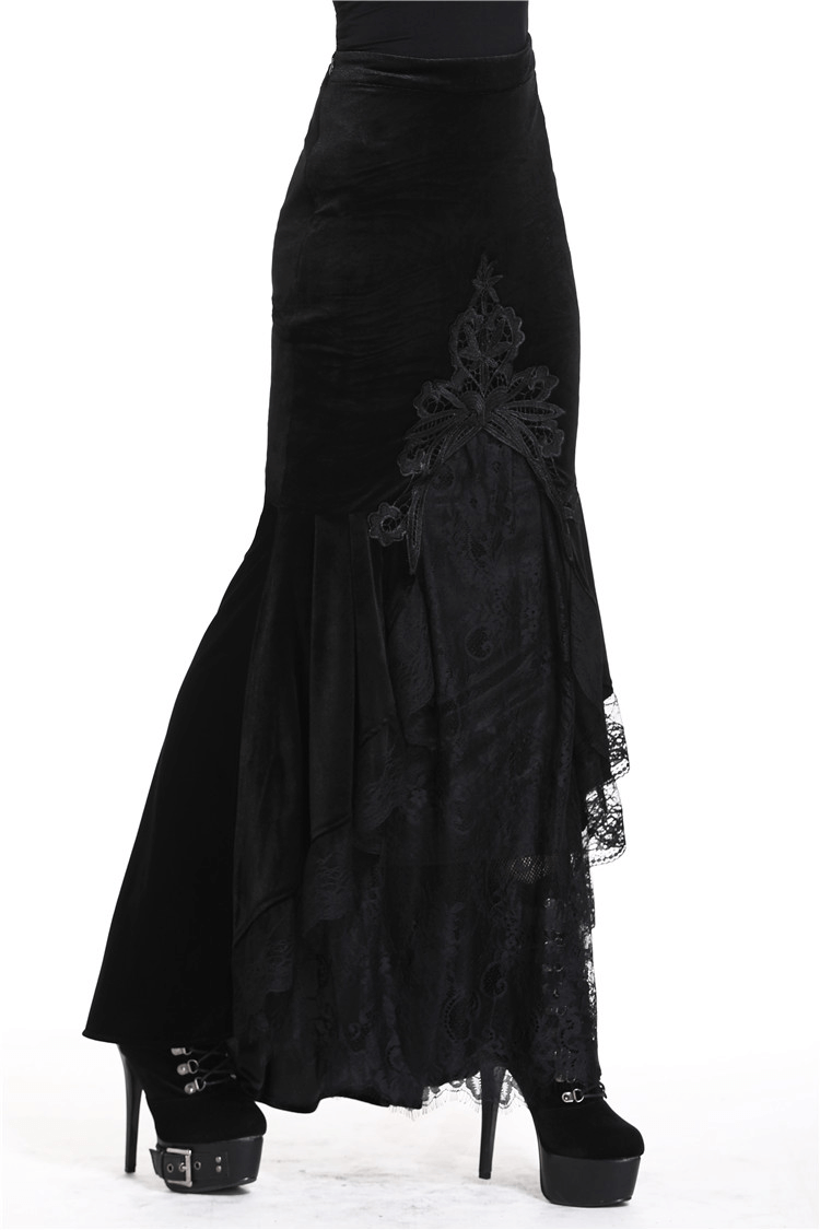 Elegant black velvet fishtail skirt with lace hem, perfect for gothic fashion lovers and Victorian-inspired outfits.