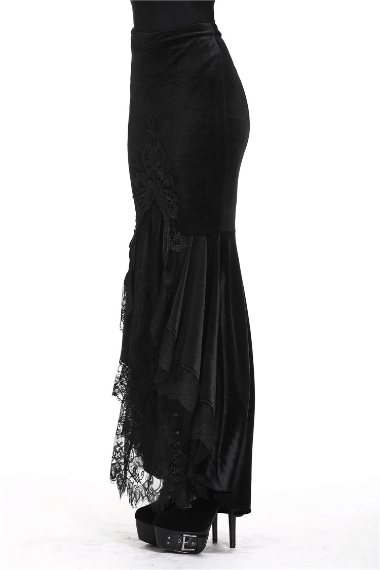 Black gothic velvet fishtail skirt with lace hem, perfect for dark queens and vampy outings.