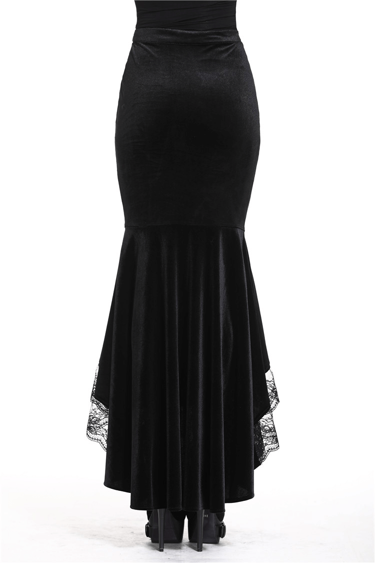 Elegant black velvet fishtail skirt with lace hem, perfect for gothic fashion and Victorian-inspired outfits.