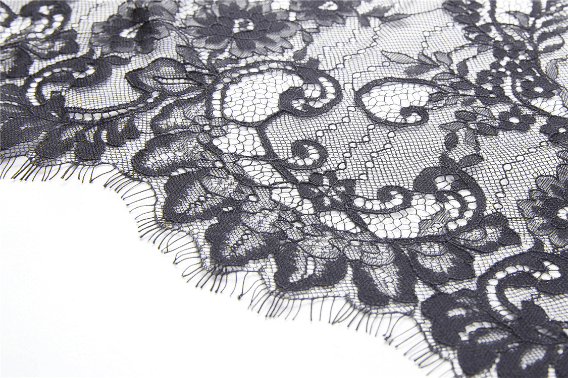 Close-up of intricate black lace fabric, perfect for gothic clothing and elegant detailing.