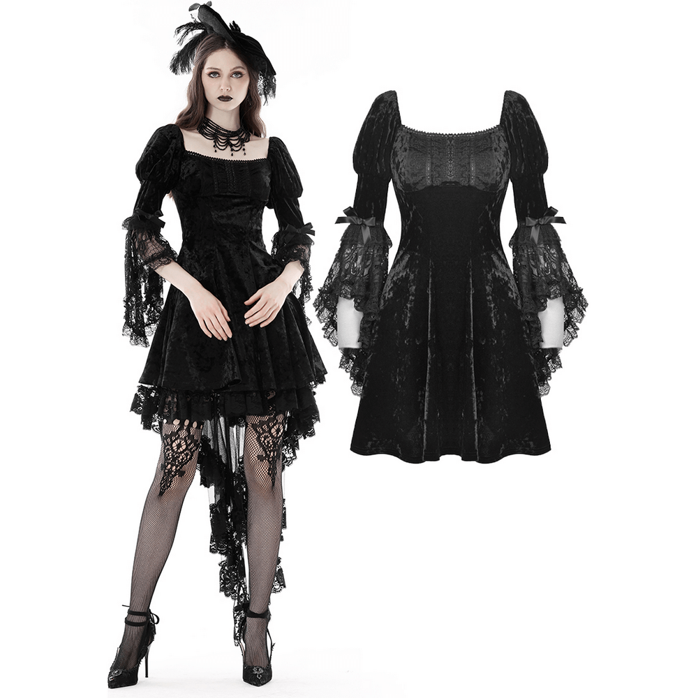 Black gothic velvet mini dress with sheer lace sleeves and elegant silhouette, perfect for a dark romantic look.