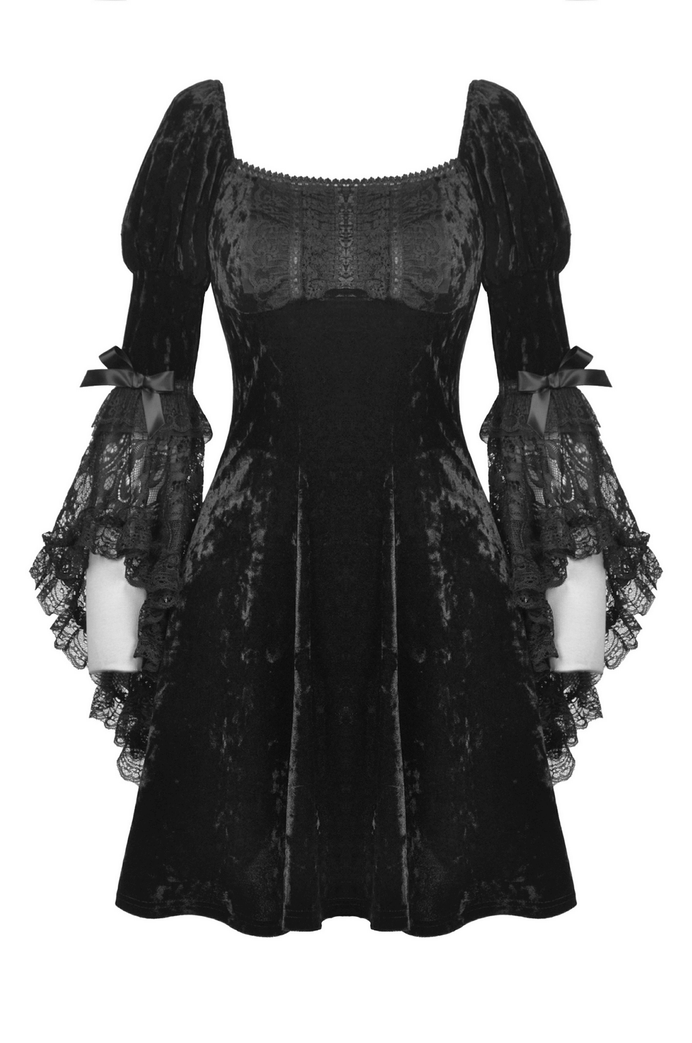 Black velvet mini dress with sheer lace sleeves and bows, perfect for a gothic night out.
