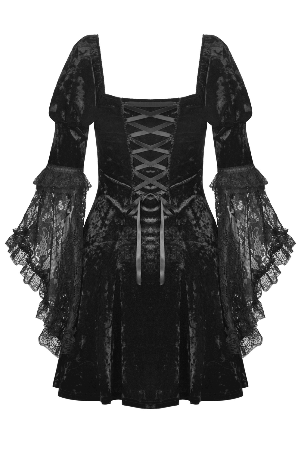 Dark Gothic velvet mini dress with sheer lace sleeves, perfect for a romantic night out.