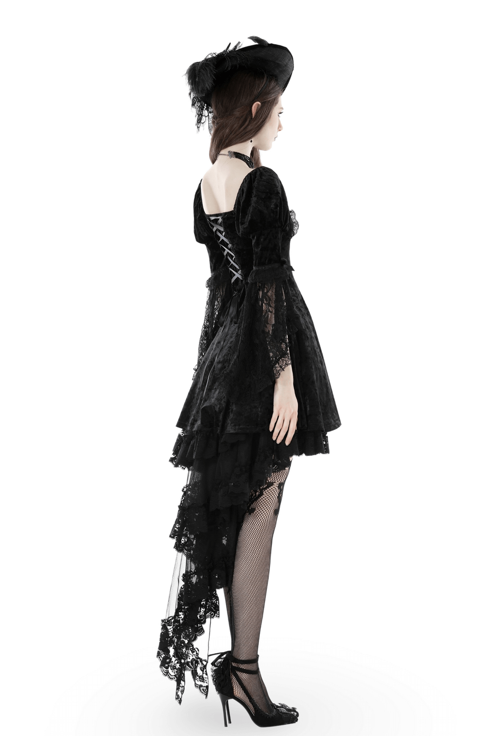 Dark gothic velvet mini dress with lace sleeves, showcasing elegance and romance in black.