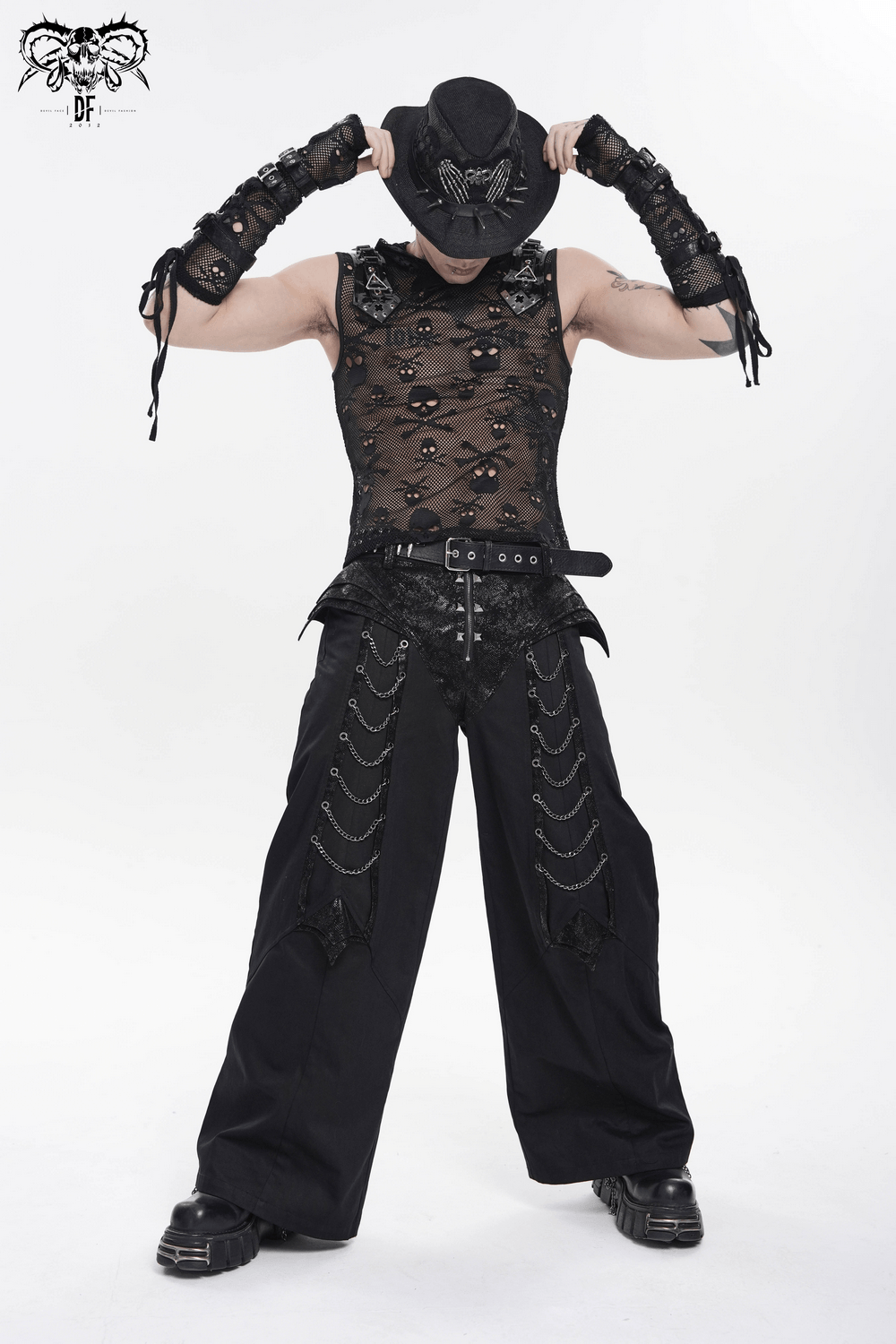 Model wearing a Dark Gothic Wide Brim Hat with Skull Lace and Spike Trim, showcasing punk fashion.