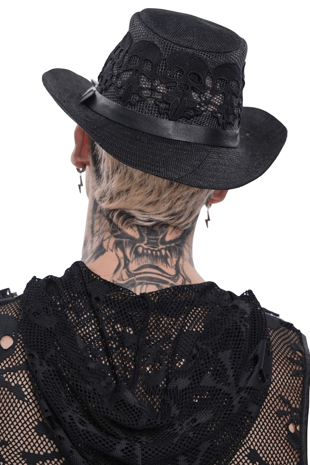 Dark Gothic Wide Brim Hat with Skull Lace and Spike Trim worn from behind with intricate tattoos visible.