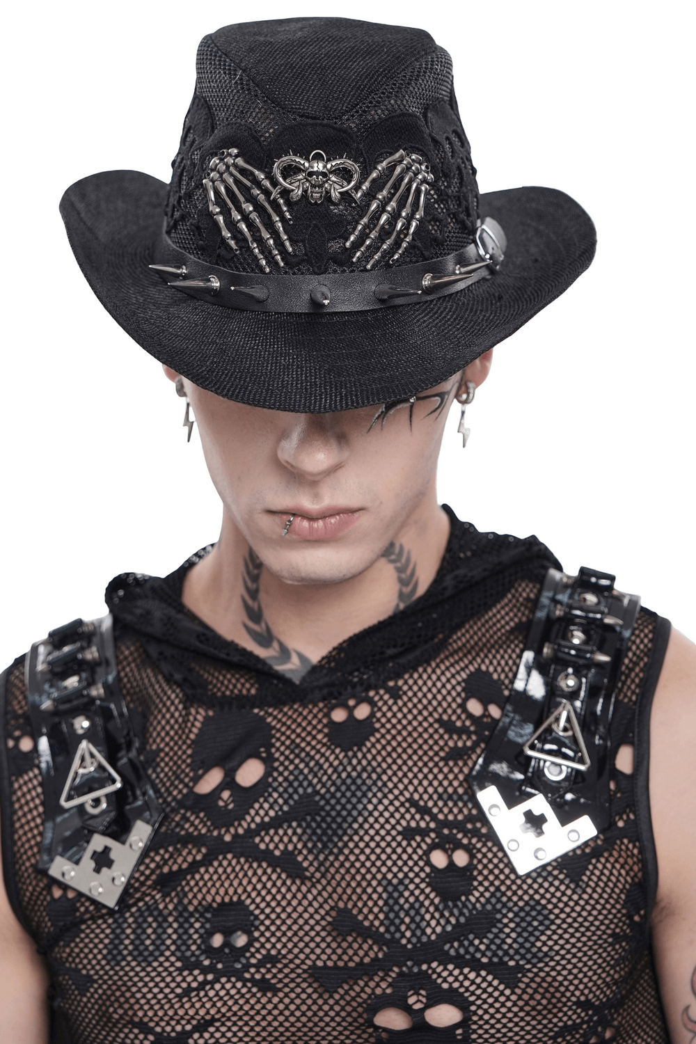 Dark Gothic Wide Brim Hat with Skull Lace and Spike Trim worn by model with skeleton hands and studded accessories.