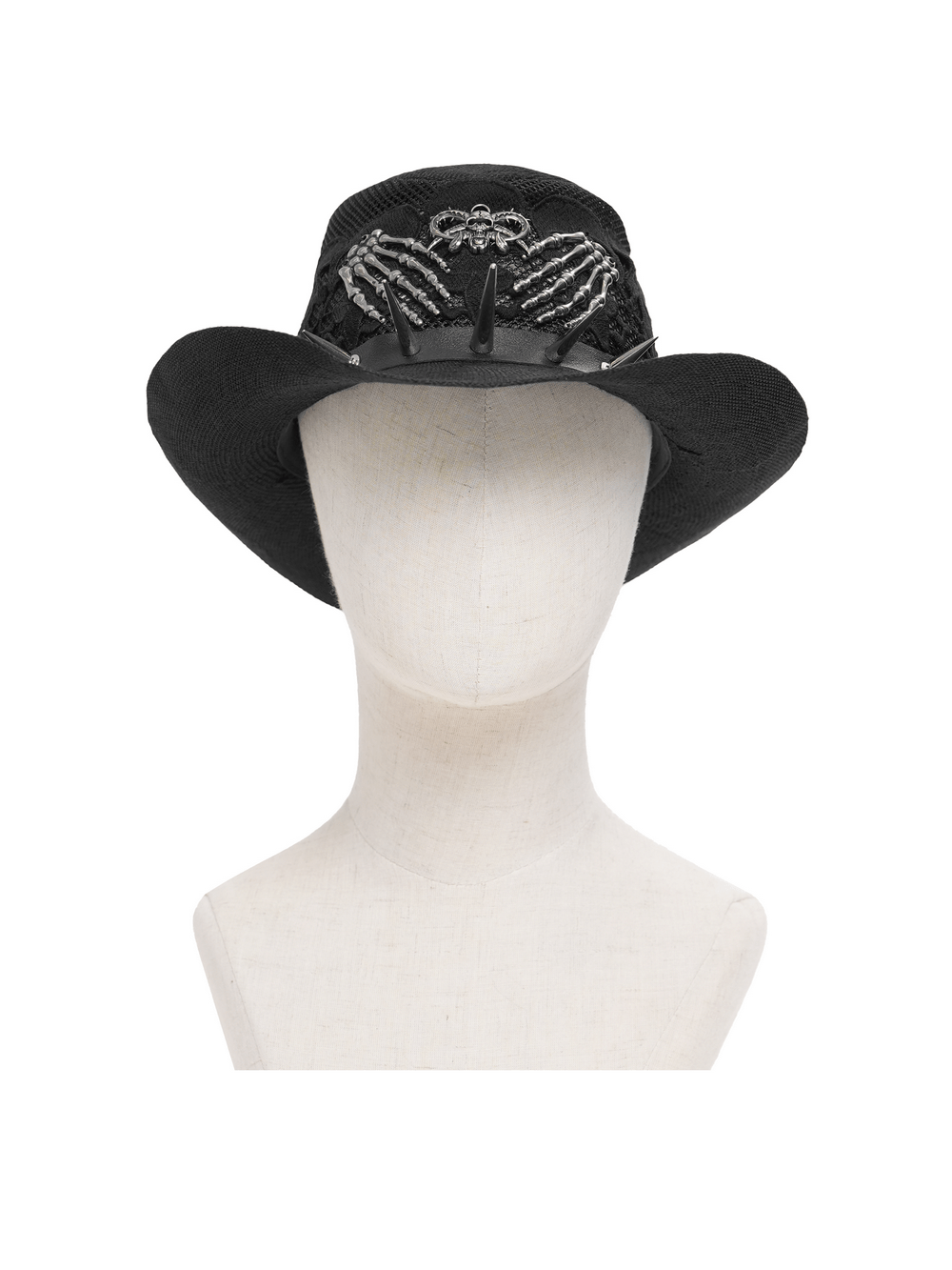 Dark Gothic Wide Brim Hat with Skull Lace and Spike Trim displayed on a mannequin head, showcasing skeleton hands and spikes.