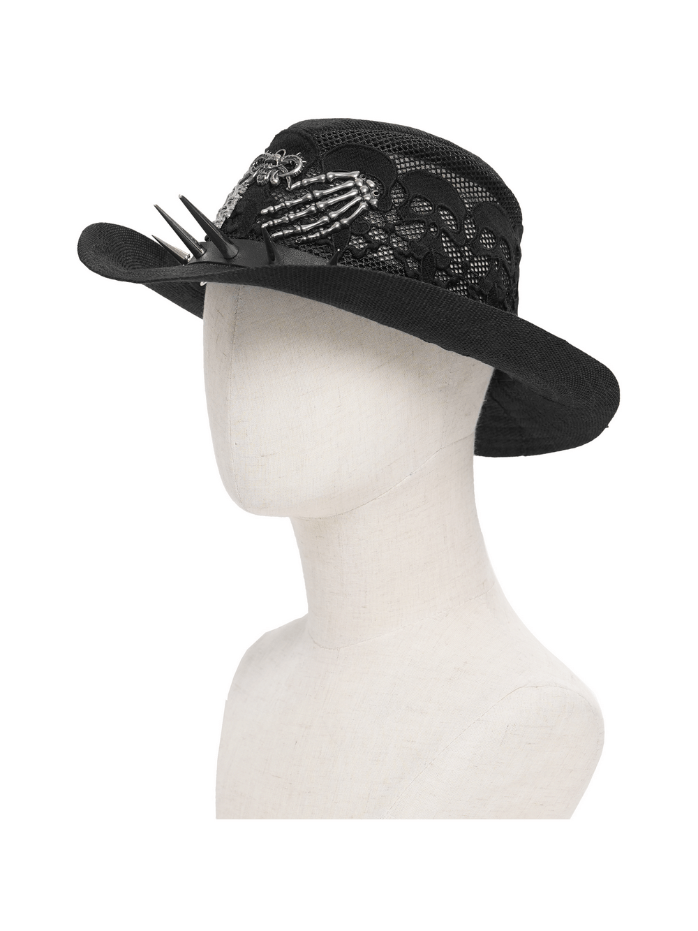 Dark Gothic Wide Brim Hat with Skull Lace and Spike Trim showcased on a mannequin with skeleton hand and spikes.