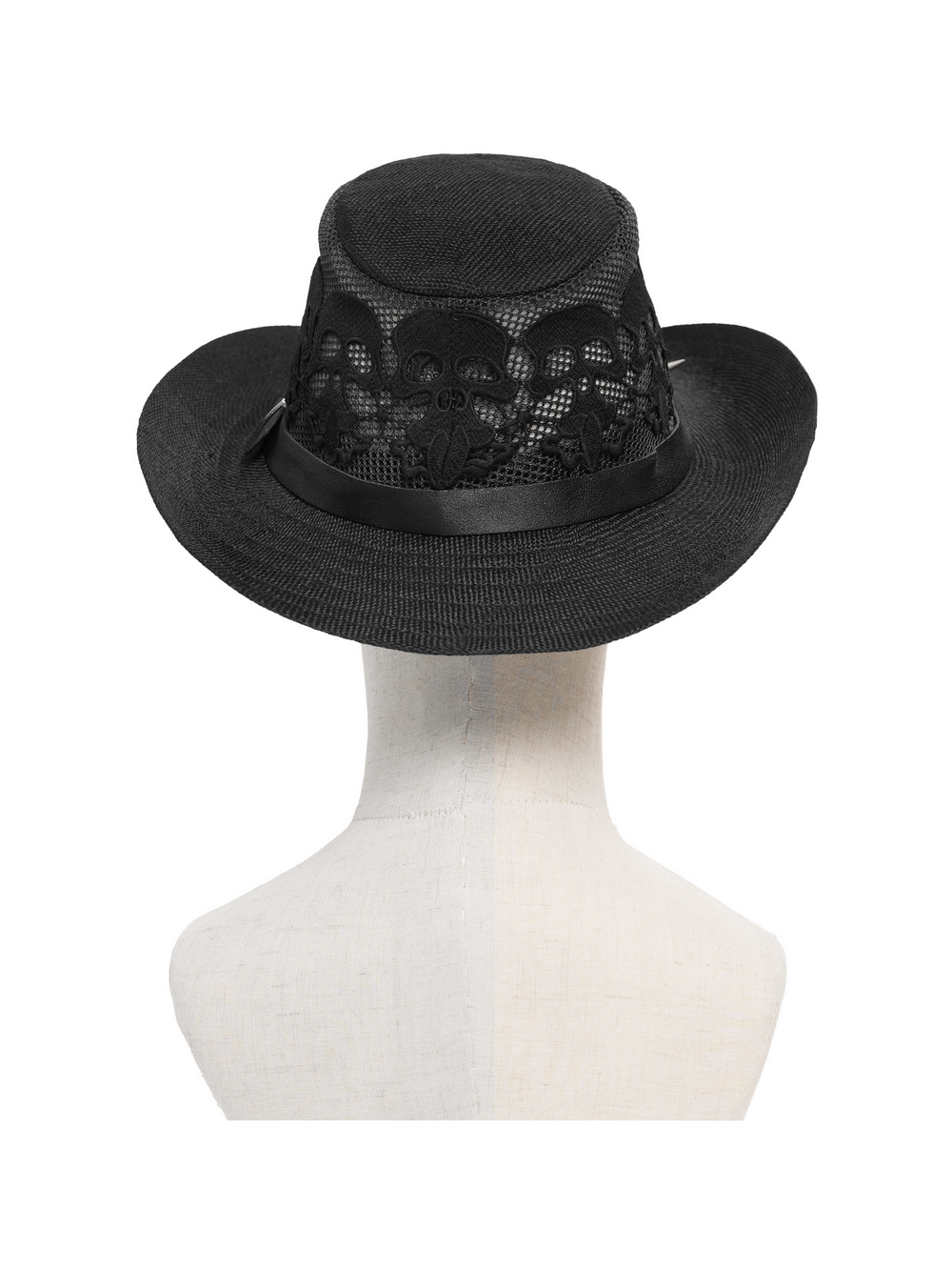 Dark Gothic Wide Brim Hat with Skull Lace and Spike Trim view from behind with skull lace and black fabric.