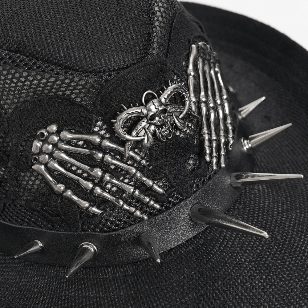 Dark Gothic Wide Brim Hat with Skull Lace and Spike Trim featuring skeleton hands and spikes.
