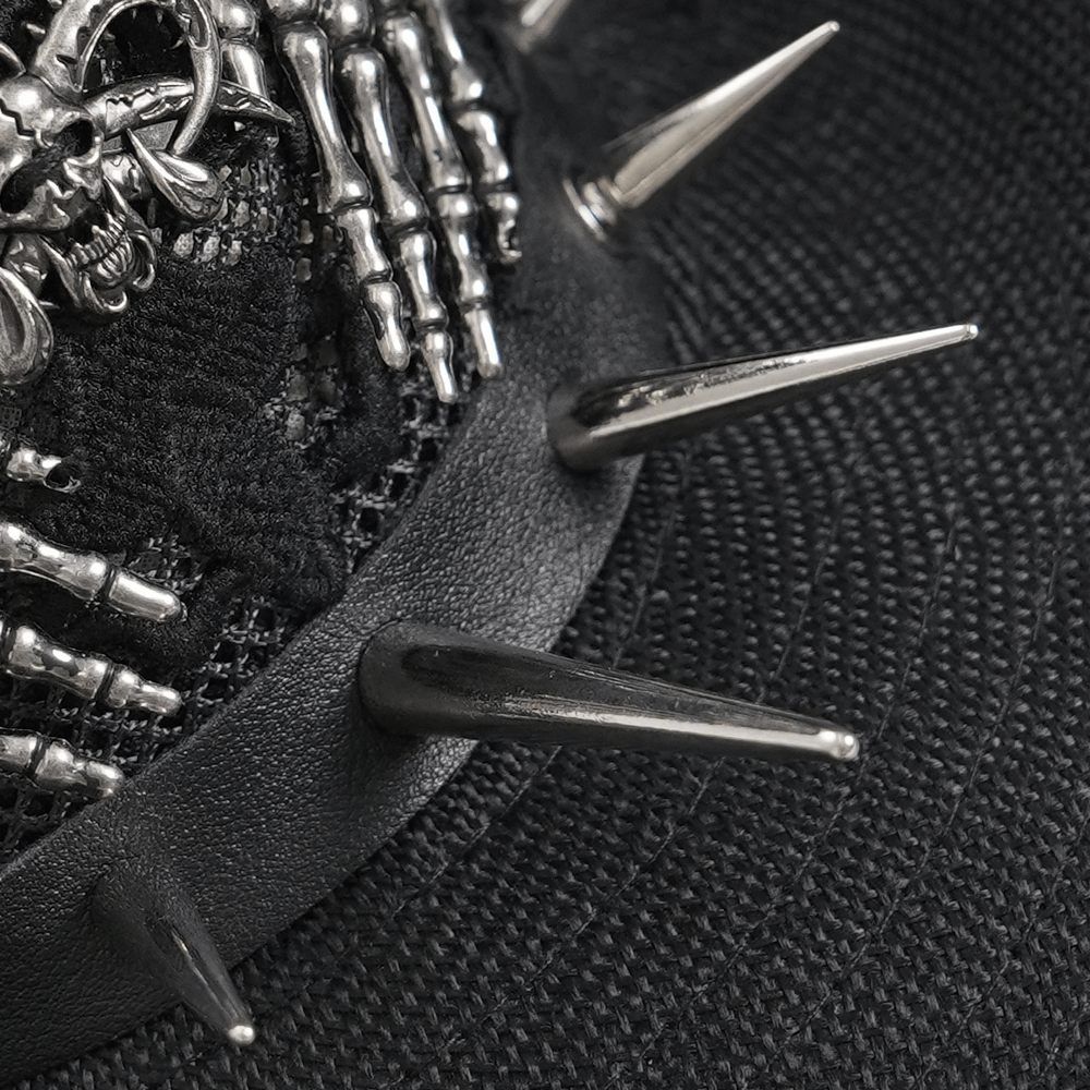 Dark Gothic Wide Brim Hat with Skull Lace and Spike Trim detailing, featuring skeleton hands and sharp spikes.