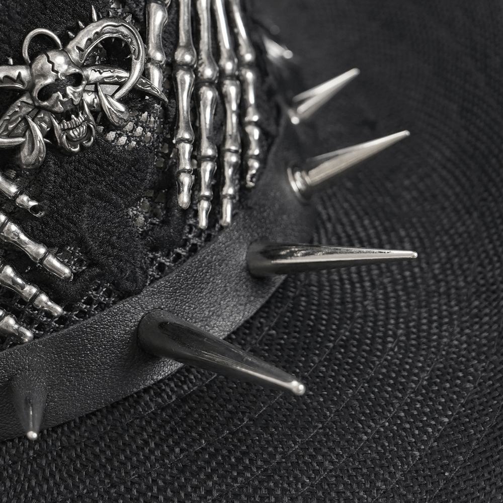 Dark Gothic Wide Brim Hat with Skull Lace and Spike Trim showcasing spikes and skeleton hands embellishments.