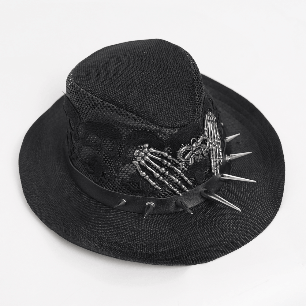 Dark Gothic Wide Brim Hat with Skull Lace and Spike Trim featuring skeleton hands and metal spikes.