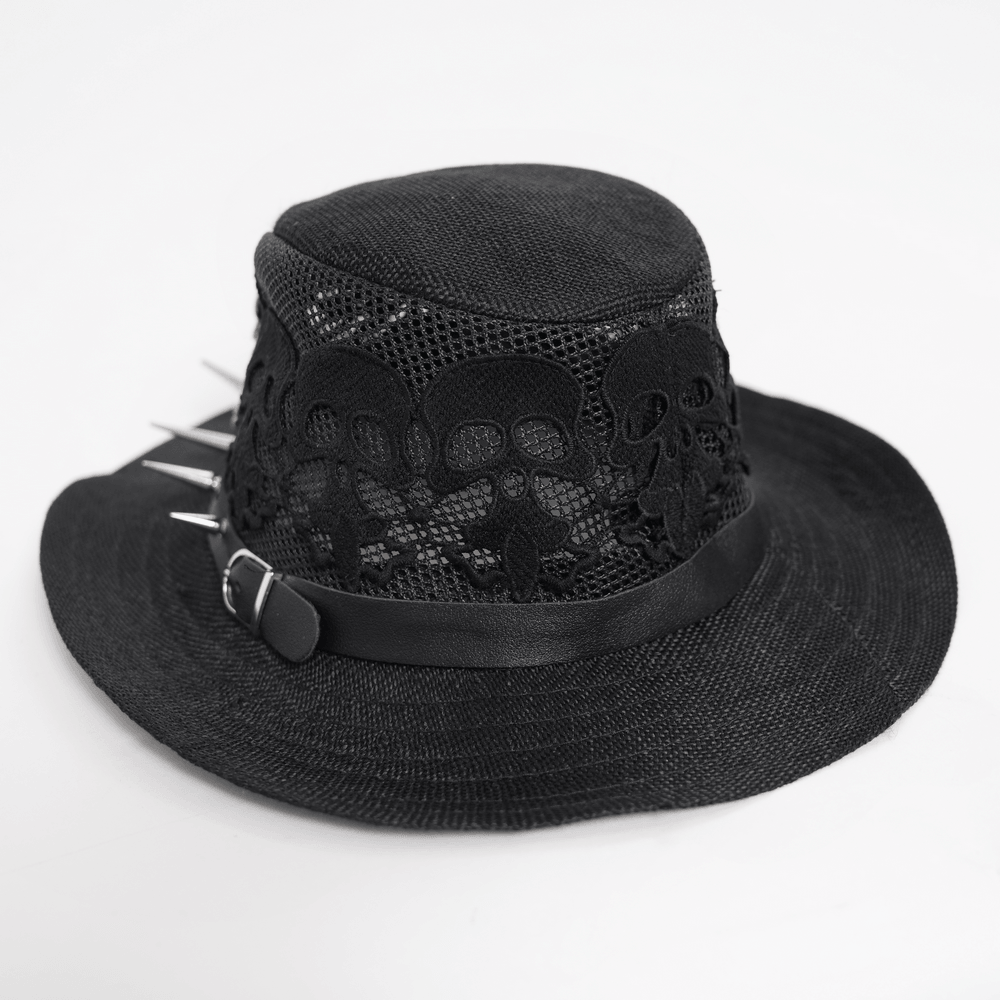 Dark Gothic Wide Brim Hat with Skull Lace and Spike Trim - black hat with skull lace and spikes.