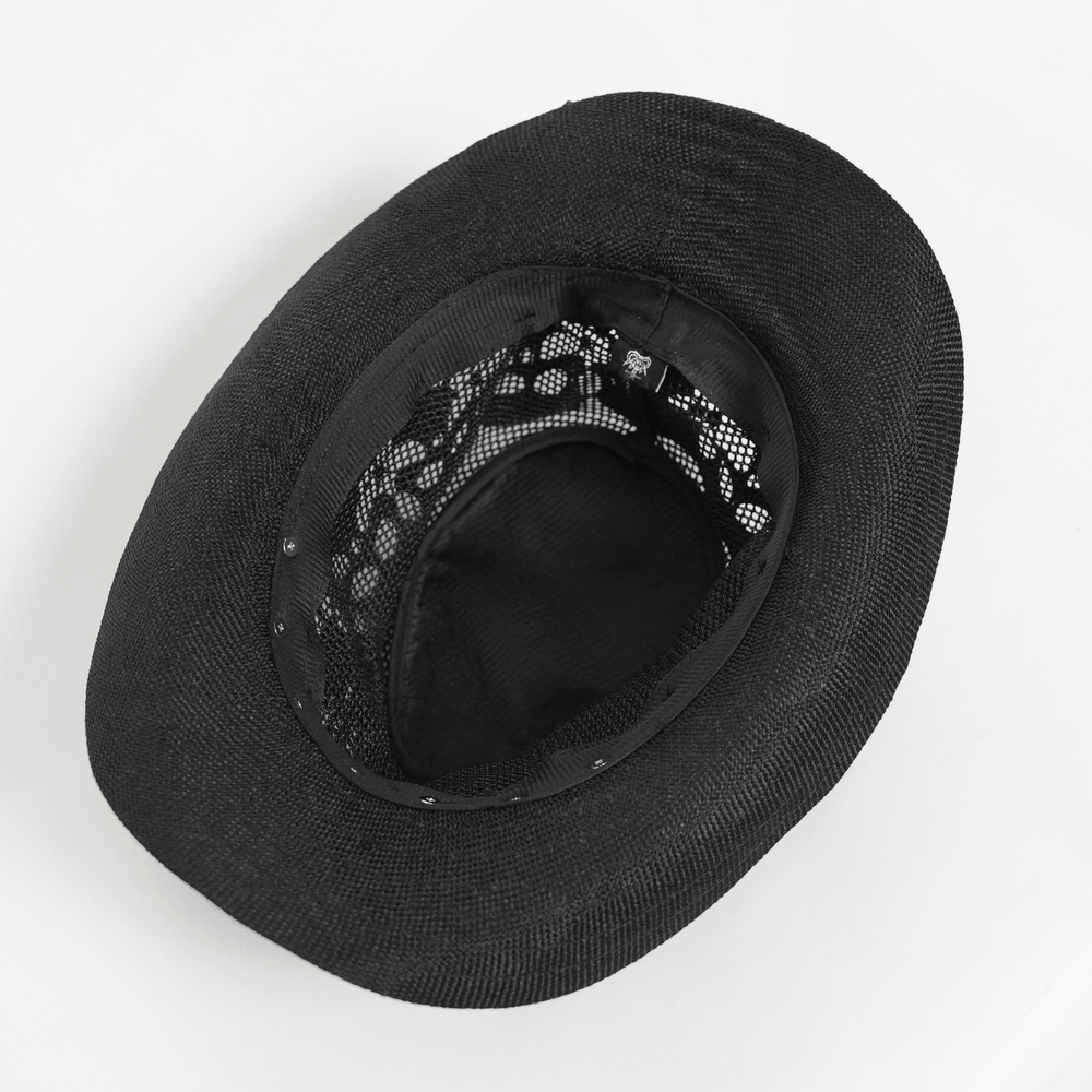 Inside view of the Dark Gothic Wide Brim Hat with Skull Lace and Spike Trim, showcasing its sleek black design.