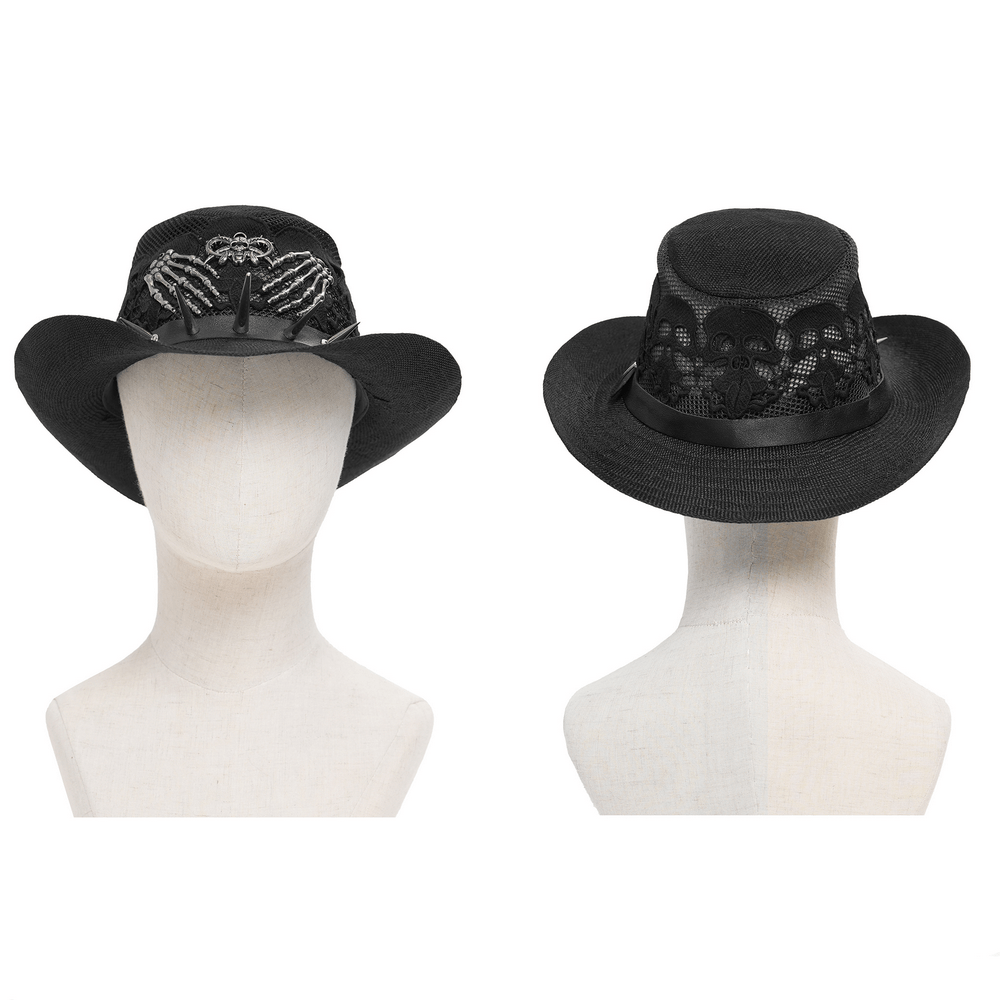 Dark Gothic Wide Brim Hat with Skull Lace and Spike Trim showcased from front and back on a mannequin.