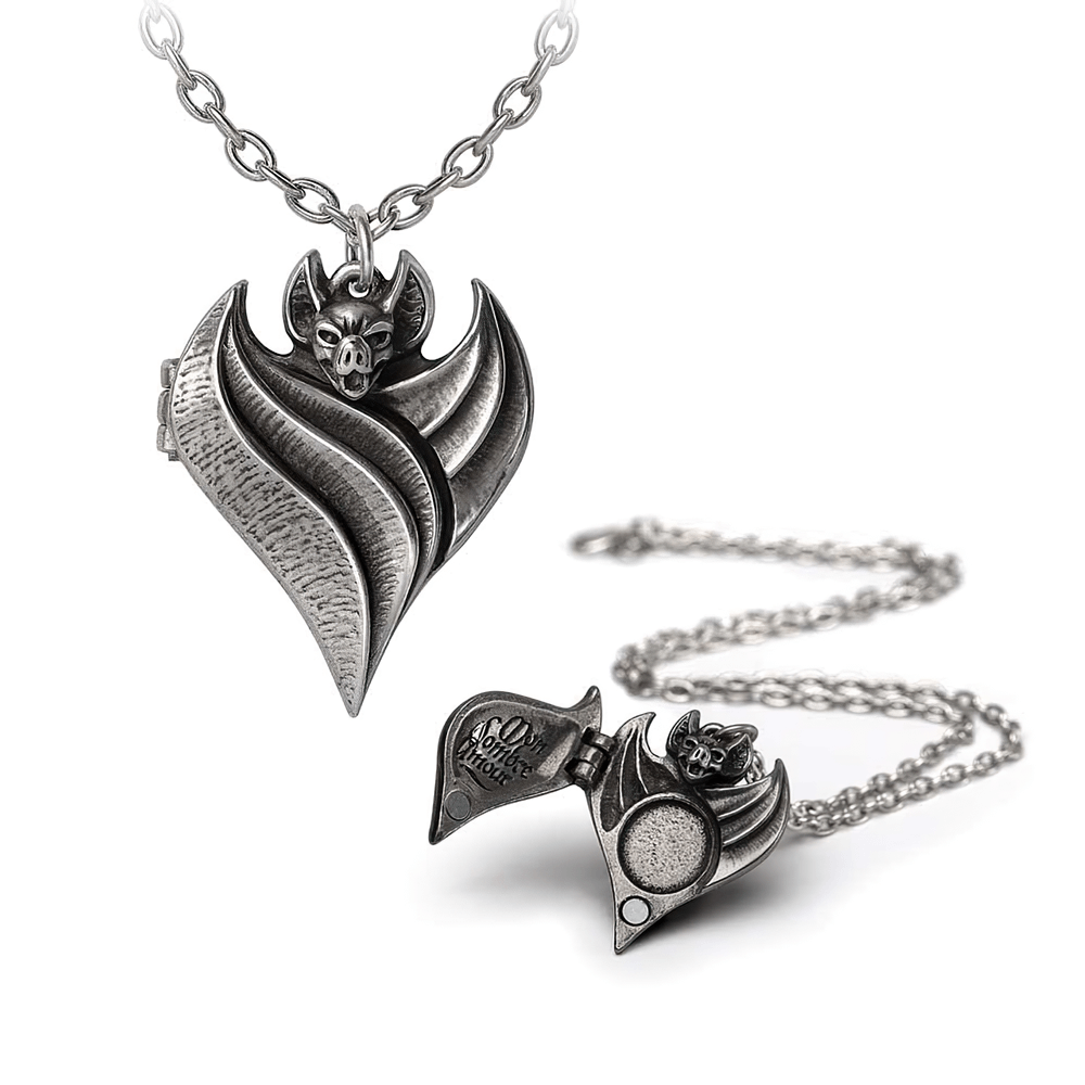 Gothic bat heart locket pendant necklace, revealing hidden message 'Mon Sombre Amour' – perfect for dark love.