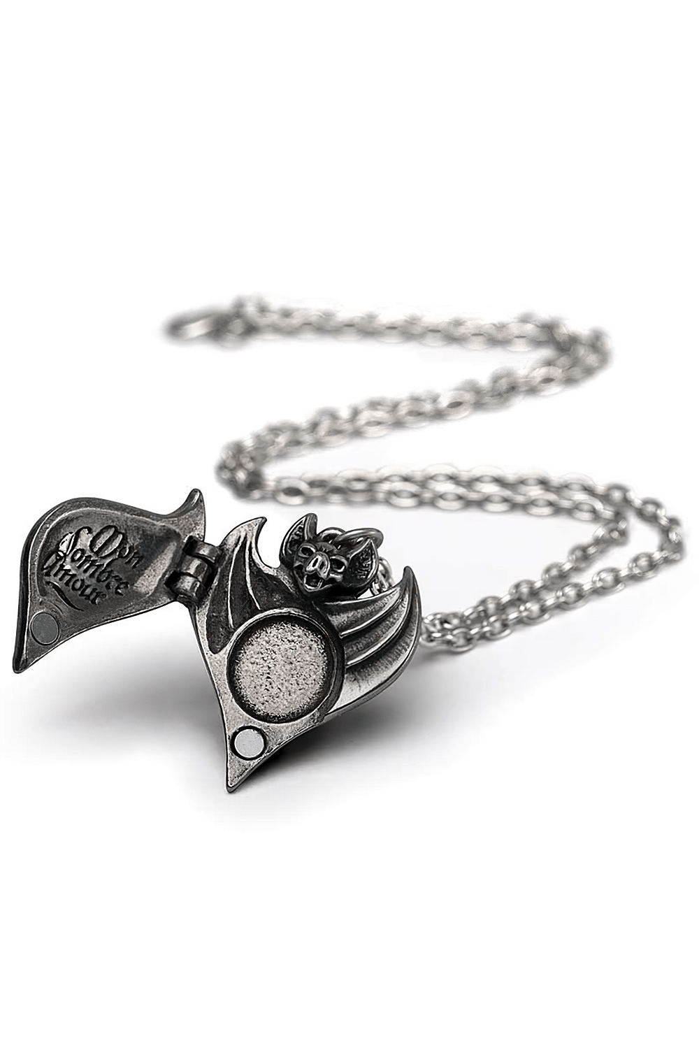 Gothic bat heart locket pendant with hidden message, perfect for dark love and mysterious elegance.