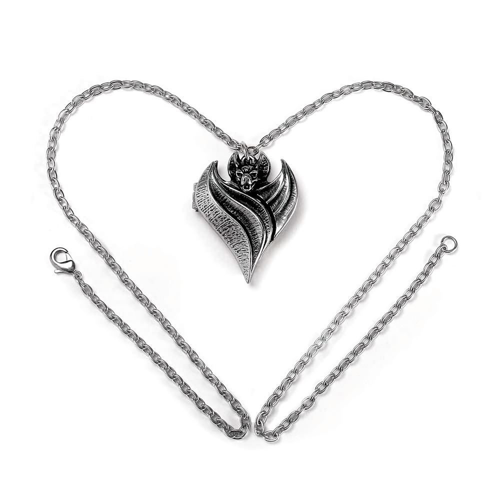 Gothic bat heart locket pendant necklace with intricately designed wings and hidden message.