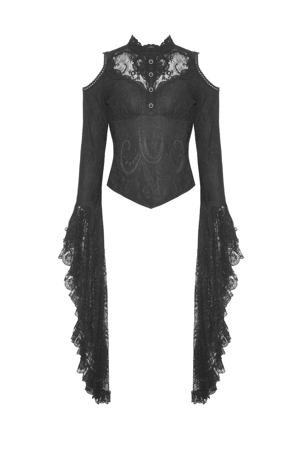 Elegant black lace baroque off-shoulder top with flared bell sleeves, perfect for gothic or Victorian-inspired outfits.