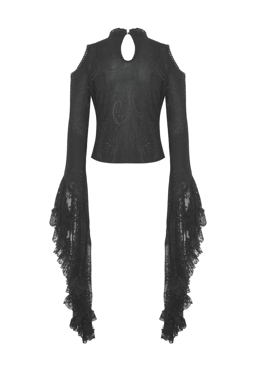 Gothic dark lace off-shoulder top with dramatic bell sleeves and a keyhole back detail.