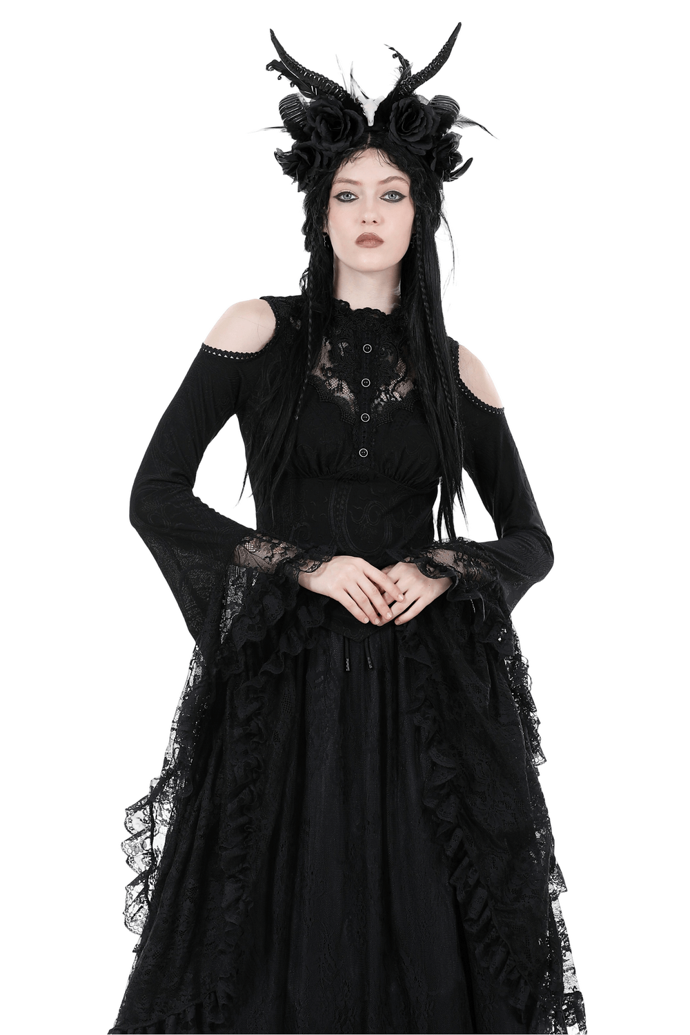 Gothic Victorian dark lace baroque off-shoulder top with flared sleeves and dramatic black skirt.