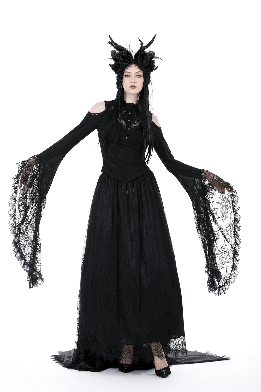 Gothic Victorian black lace dress with flared sleeves, perfect for Halloween or dark-themed events.